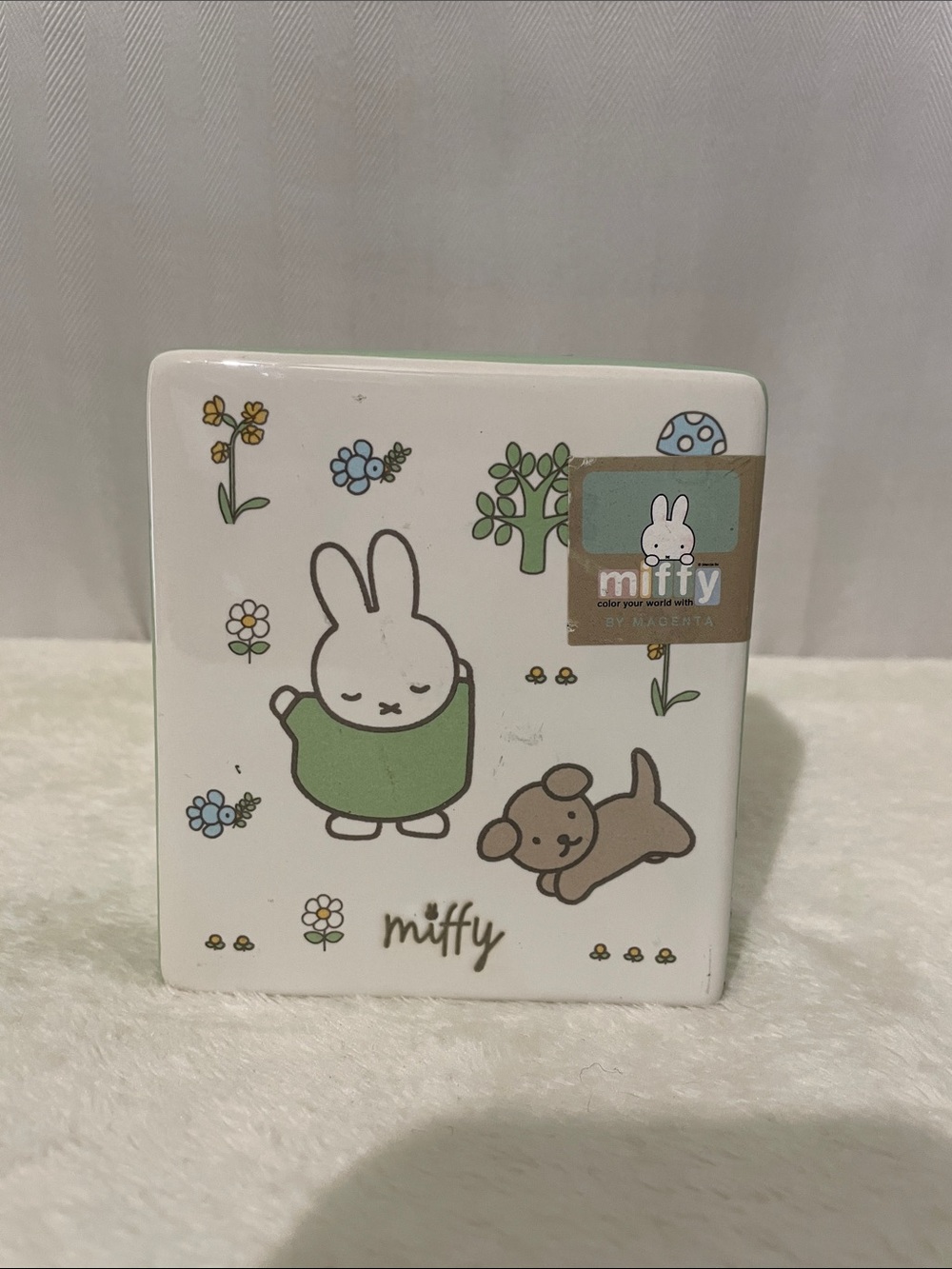 miffy Ceramic Box with Green Outfit & Brown Puppy Illustration